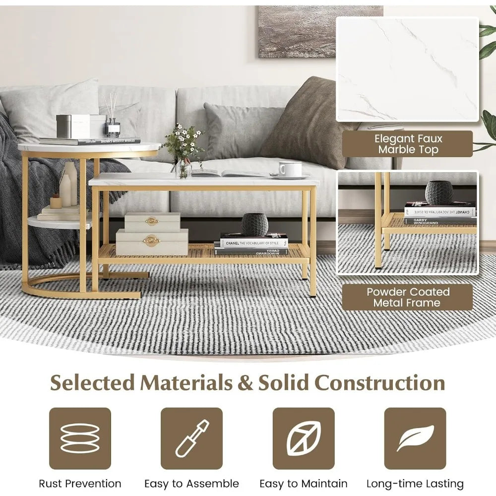Nesting Coffee Table Set With Faux Marble and Metal Frame