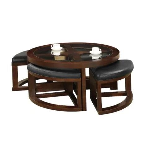 Traditional Coffee Table Set With Beveled Glass Top And Ottoman