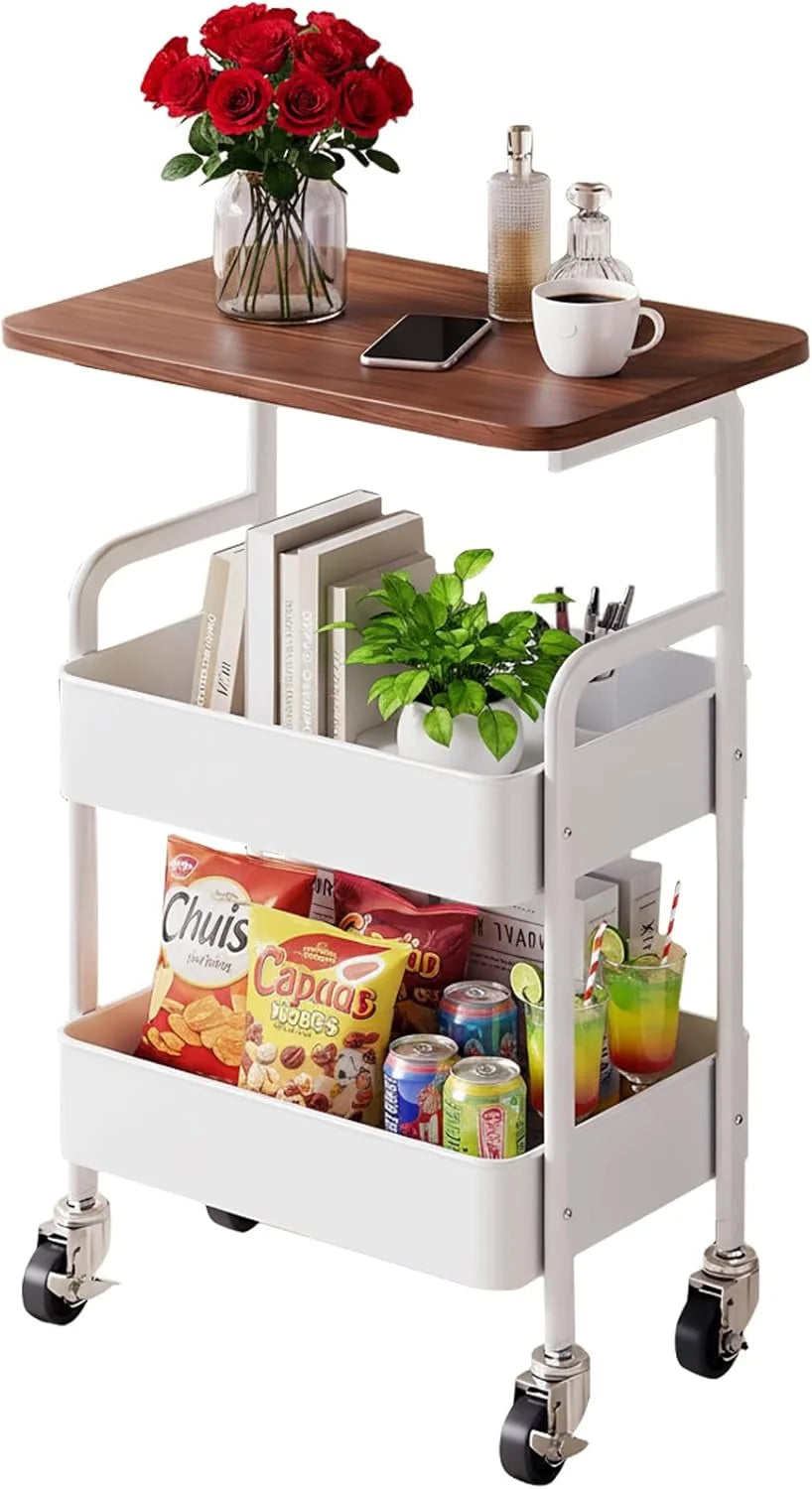 Three-Tier Metal Rolling Storage Cart With Walnut Tabletop