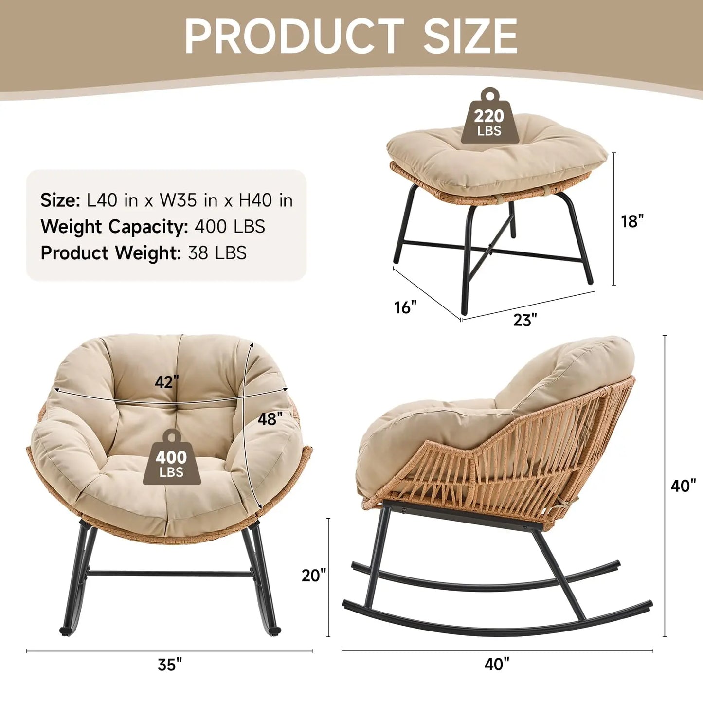 ONBRILL Papasan Rocking Chair With Ottoman Outdoor Wicker Rattan Lounge