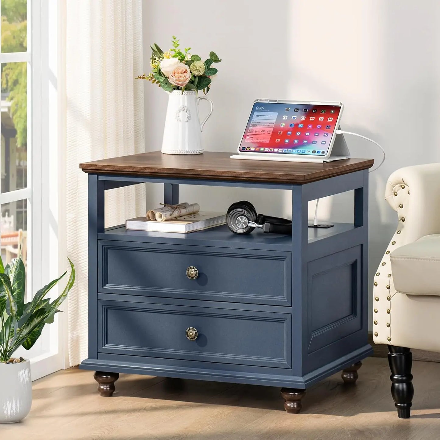 Farmhouse Nightstand With Charging Station