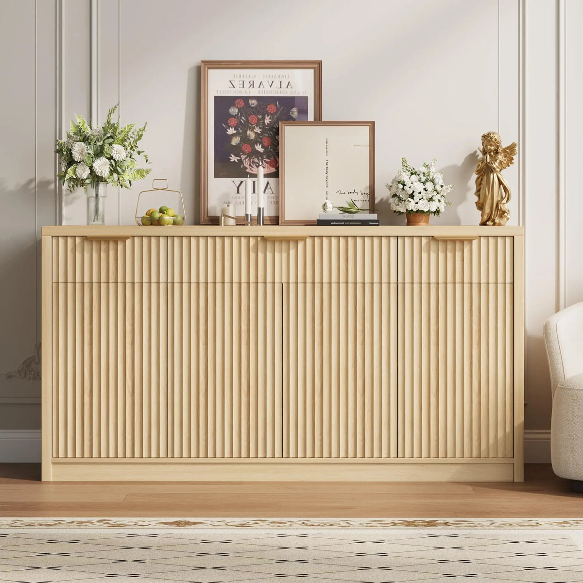 HiMISS Fluted Buffet Sideboard Cabinet With Drawers, Doors And Shelves