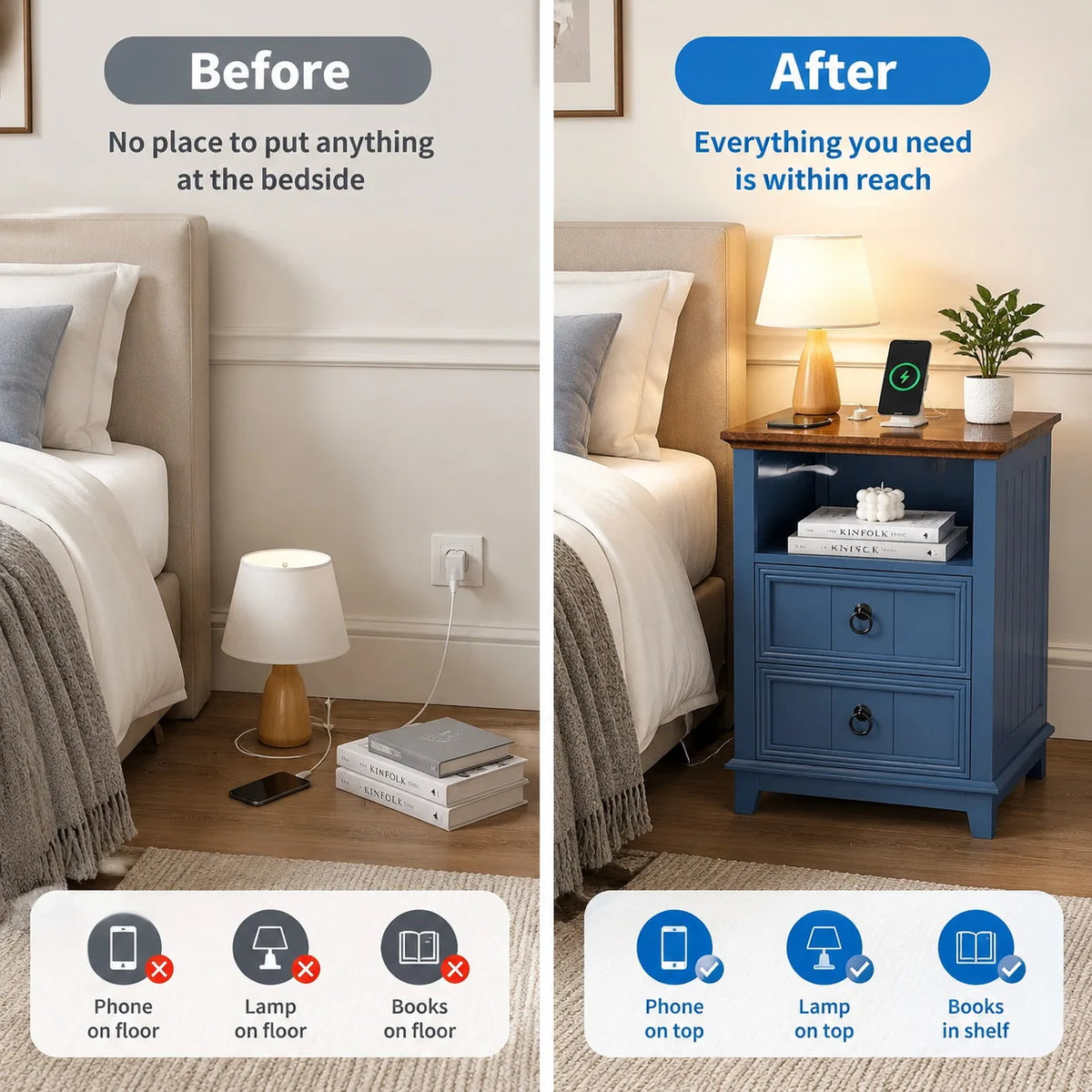 ANIXOL Modern Fluted Nightstand With USB Charging Station