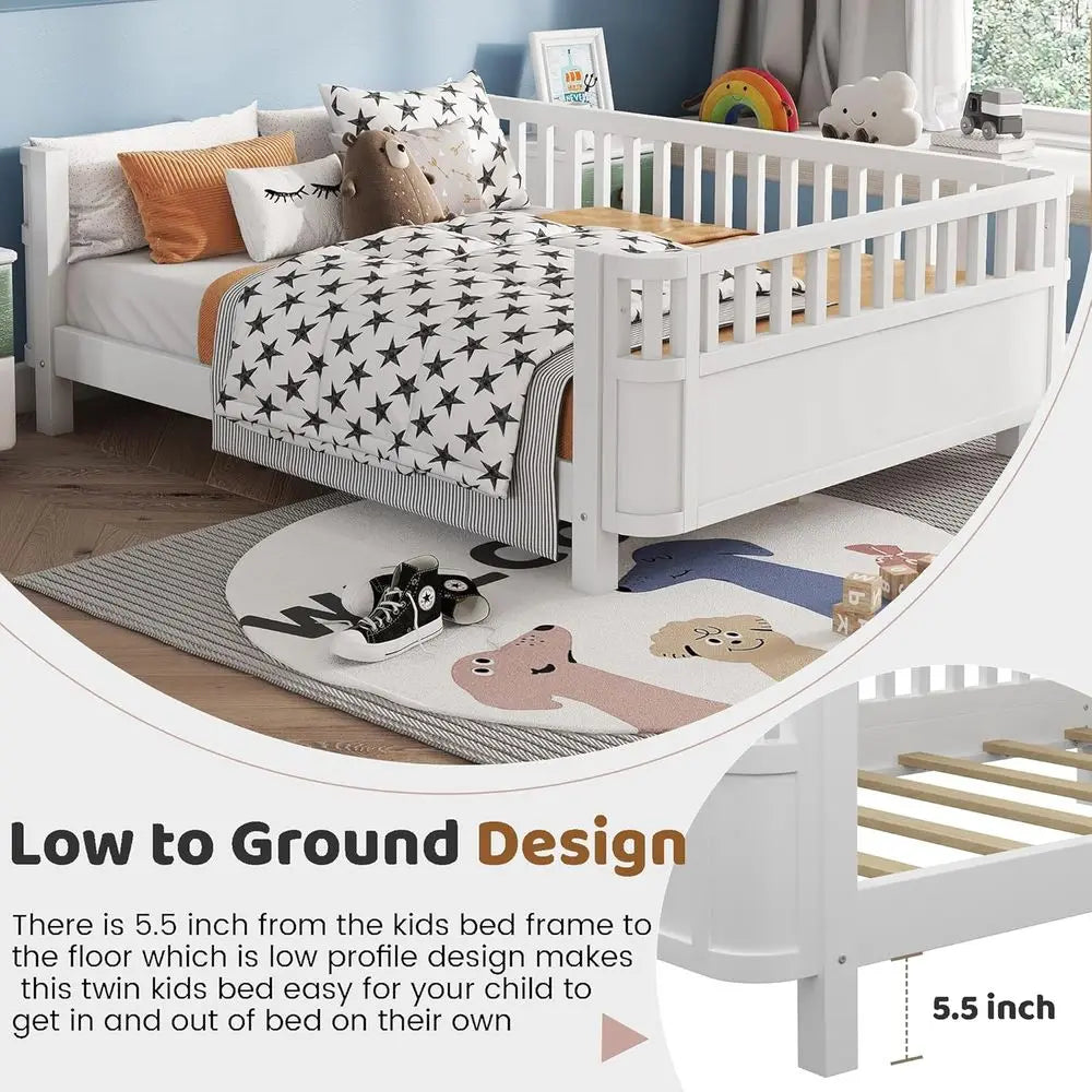 Modern Pine Wood Kids Floor Bed With Side Rails And Slats