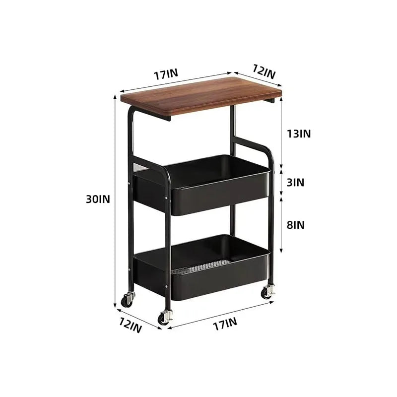 Three-Tier Metal Rolling Storage Cart With Walnut Tabletop