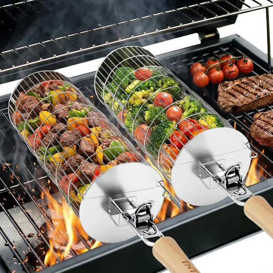 XIUWO Stainless Steel Rolling Grill Basket With Removable Handle Veggies