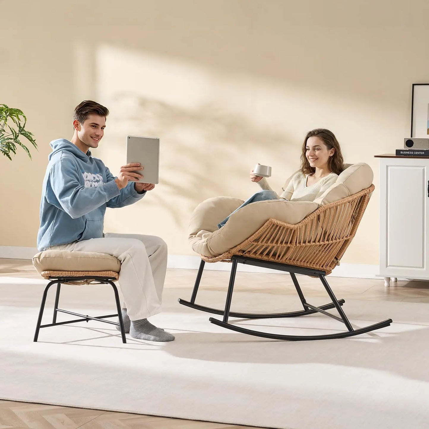 ONBRILL Papasan Rocking Chair With Ottoman Outdoor Wicker Rattan Lounge