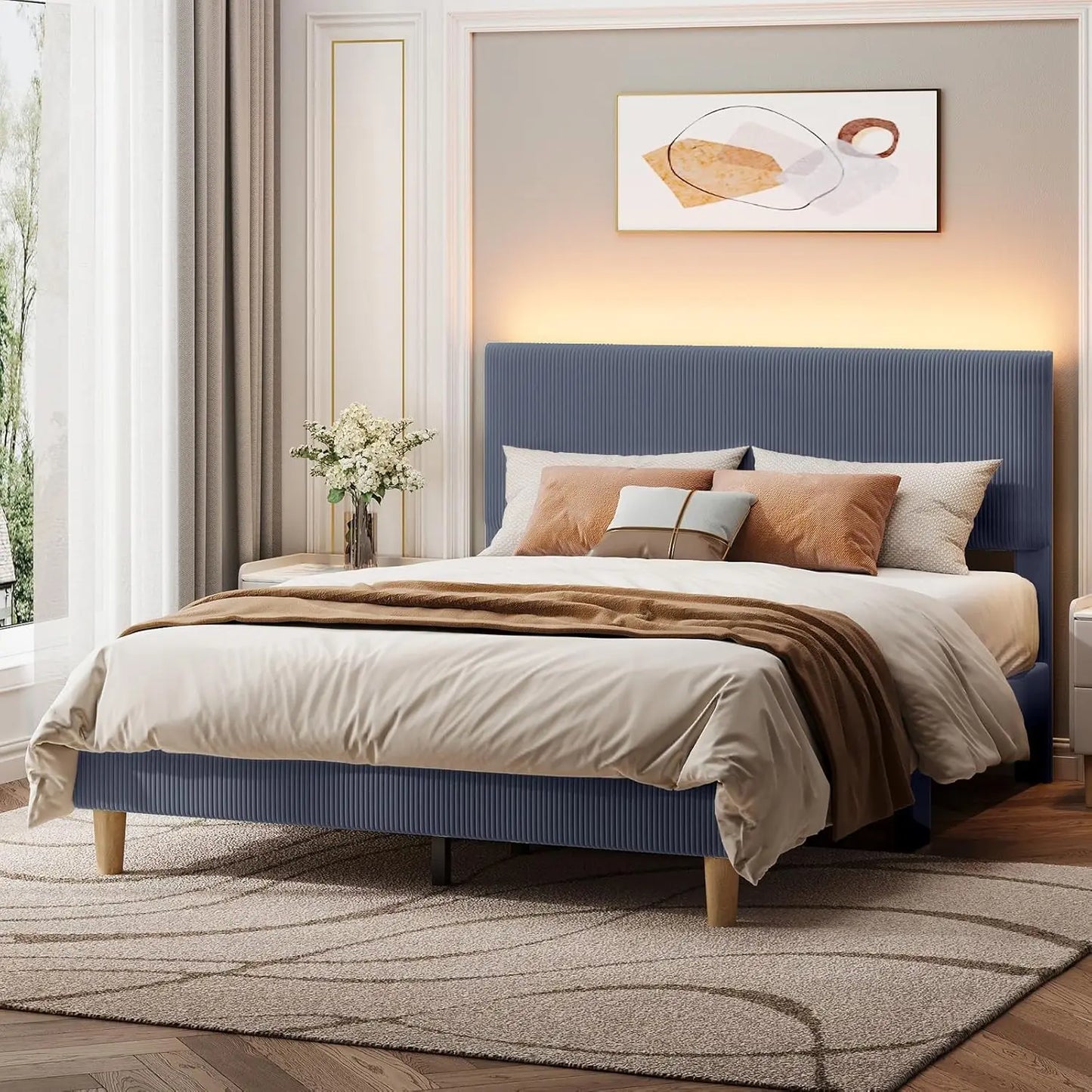 Bed Frame With Headboard And LED Lighting Wooden Slats Support