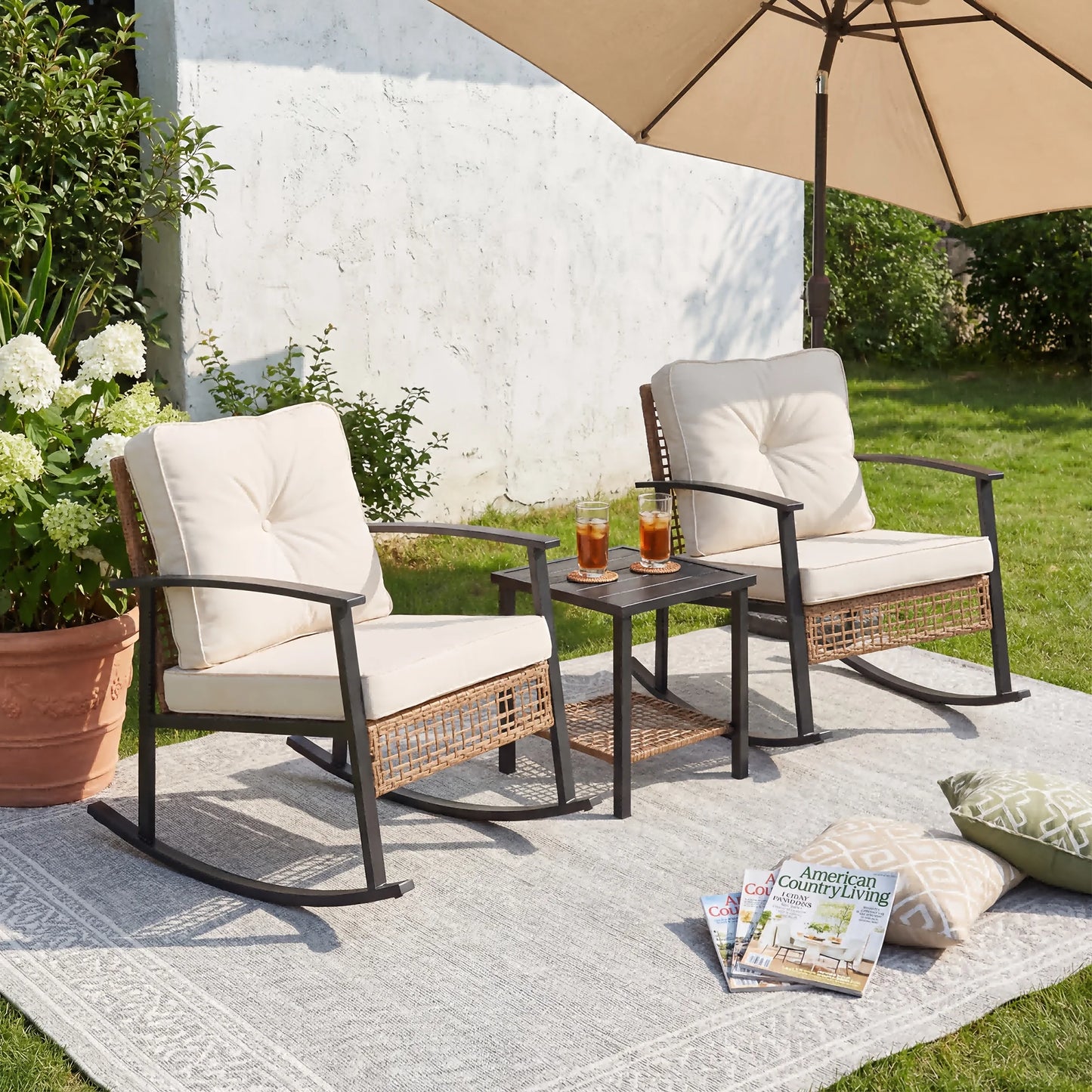PIYRQ 3 Piece Rattan Rocking Chair Set Outdoor Patio Wicker Glider