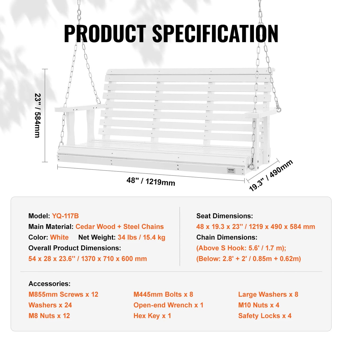 SucceBuy Cedar Wood Porch Swing Outdoor Bench With Steel Chains 880 LB Capacity