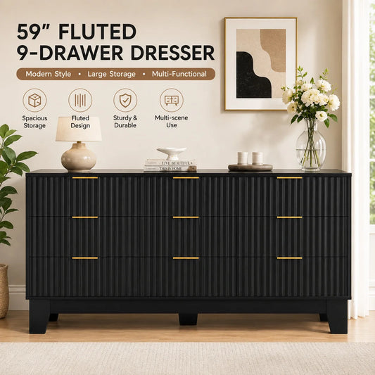 ANIXOL Fluted 9 Drawer Dresser Modern Wood Storage Cabinet