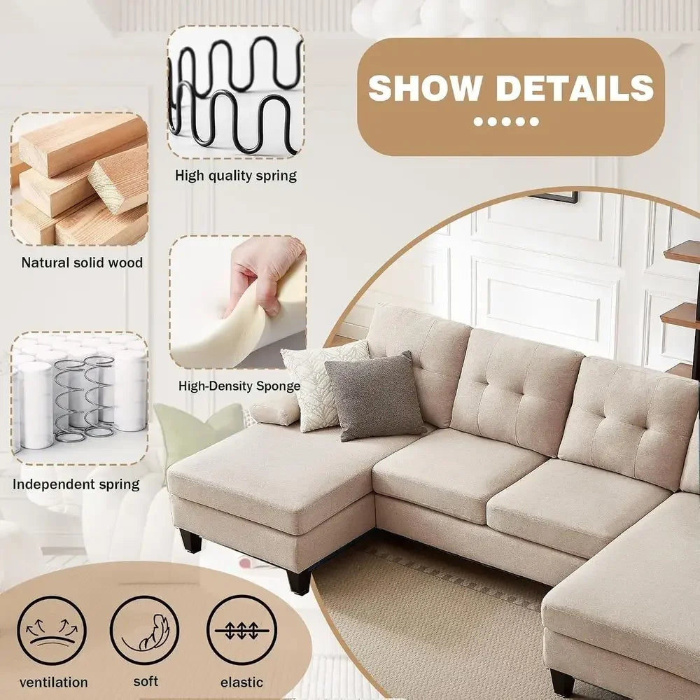 Modern U Shaped Upholstered Sectional Sofa With Double Chaise