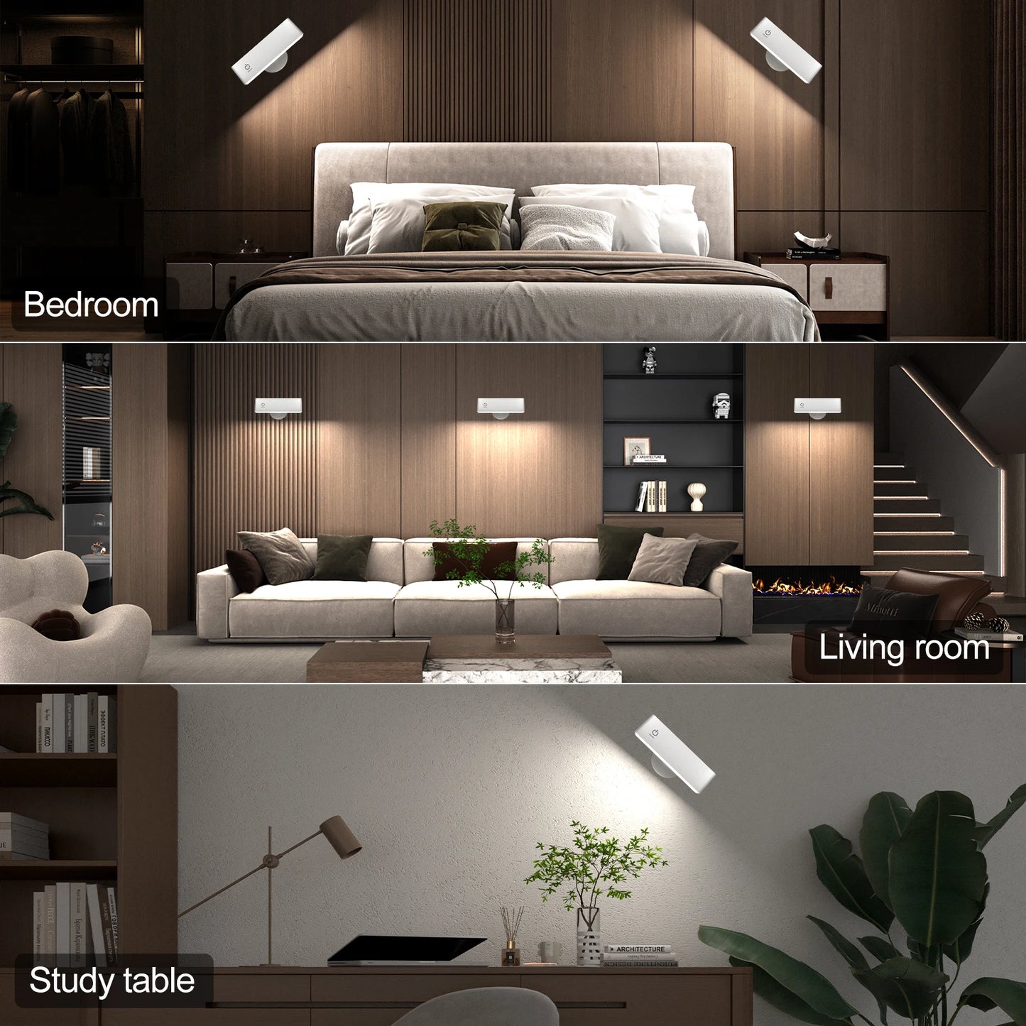 Rechargeable LED Wall Sconce Bedside Lamp USB Charge 360 Rotate