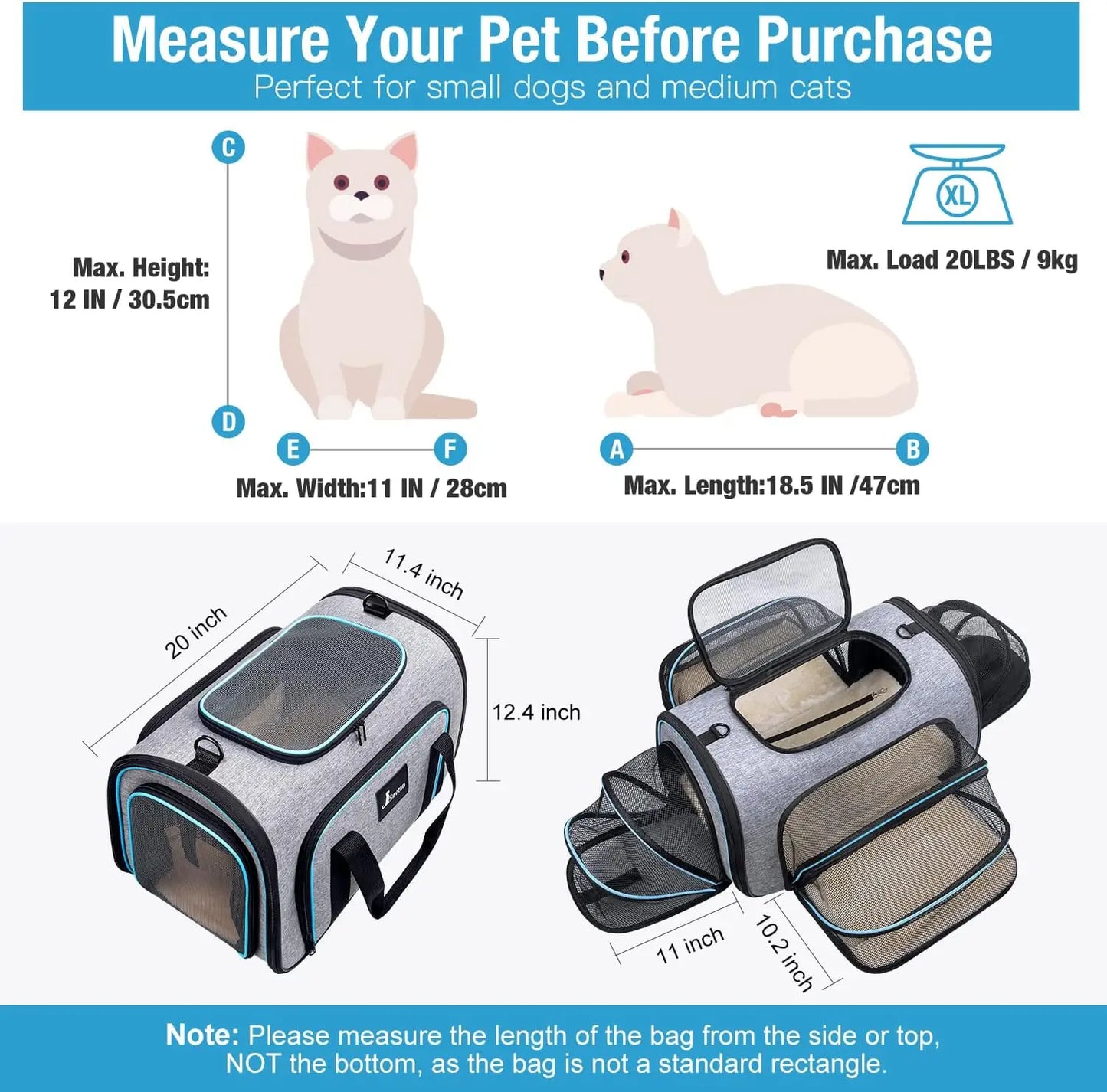 Airline Approved Expandable 4-Sided Cat Carrier With Fleece Pad