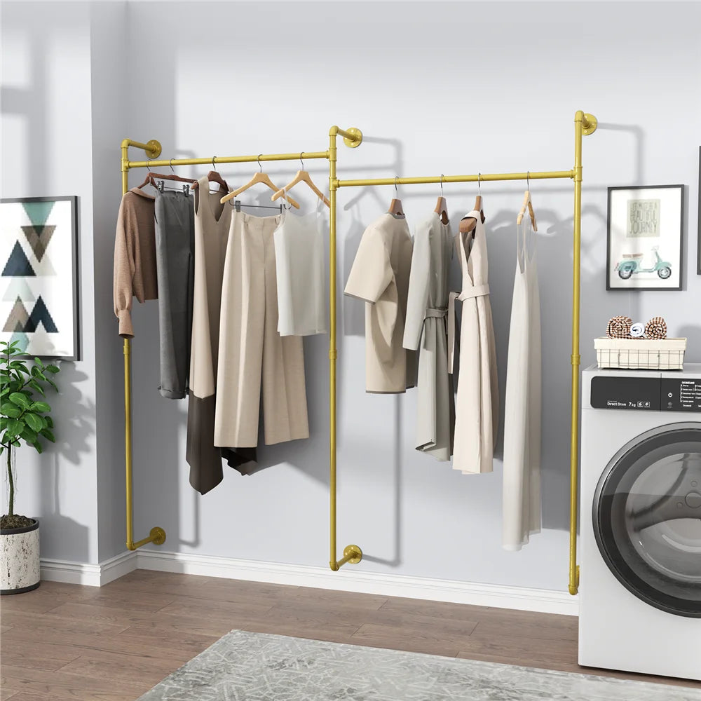 Industrial Pipe Wall Mounted Clothing Rack With Hanging Rods