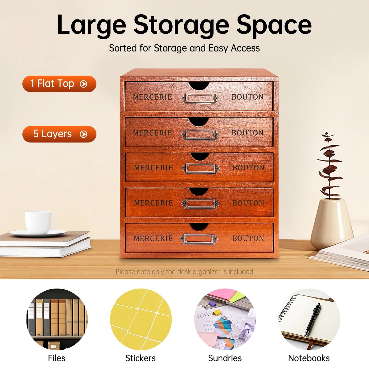 Wooden Five Drawer Desk Organizer for Office and Bedroom
