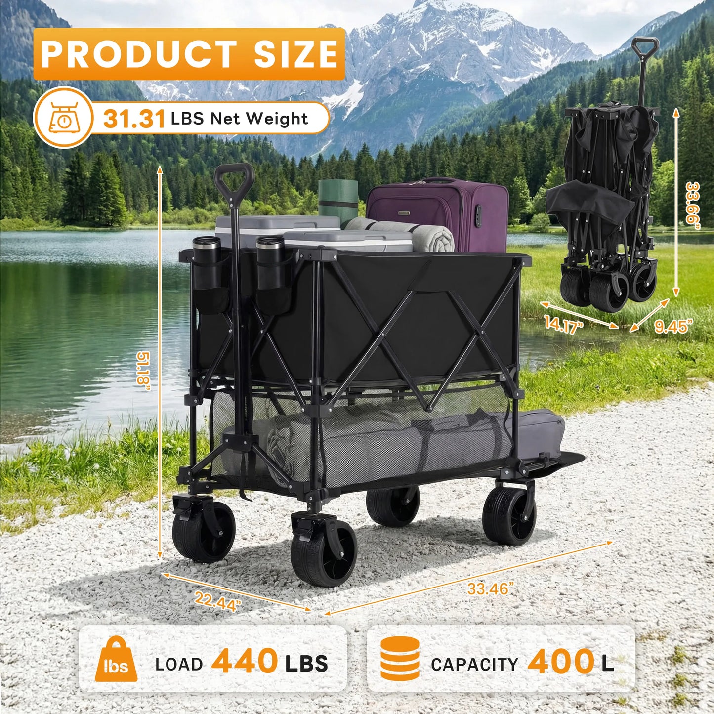JHK Outdoor Double Decker Wagon Cart 440 Lb Capacity Foldable
