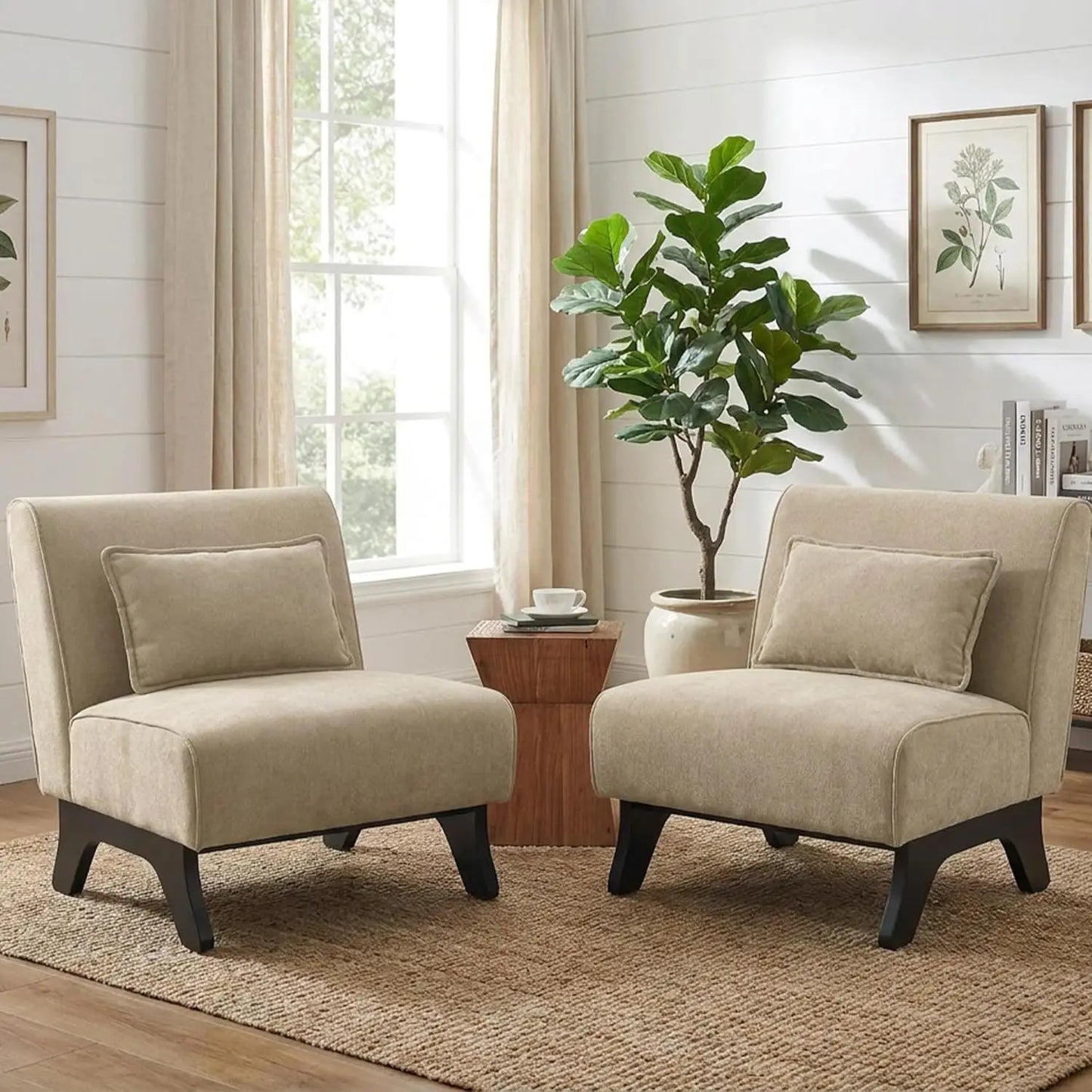 Modern Armless Accent Chair Set of 2, Wooden Legs & Pillows, Comfy Lounge Sofa Side Chair for Living Room, Custom