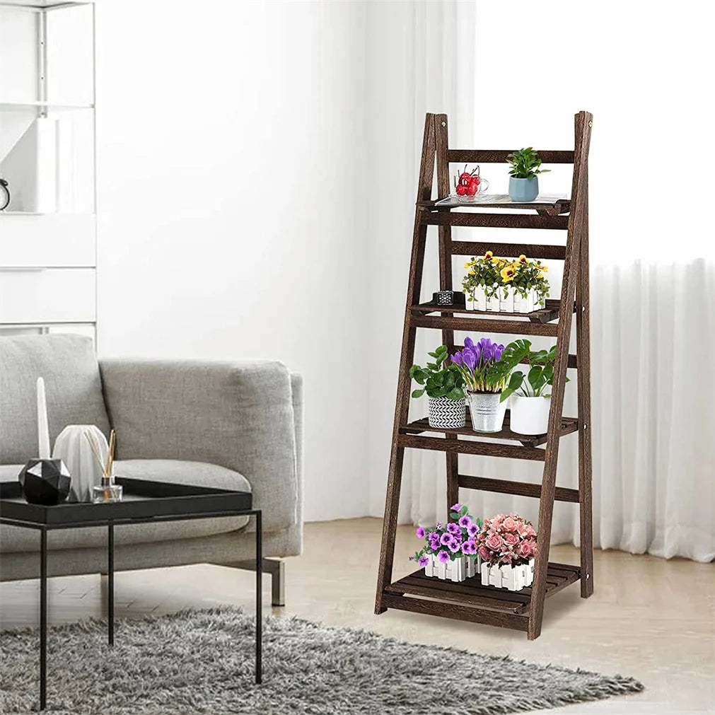 Folding Four Tier Ladder Shelf Wooden Display Rack For Home