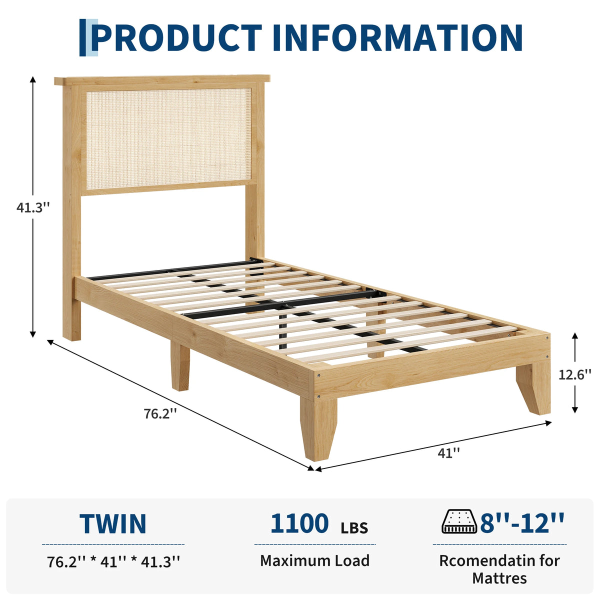 Modern Wood Platform Bed Frame With Rattan Headboard and Silent Slats