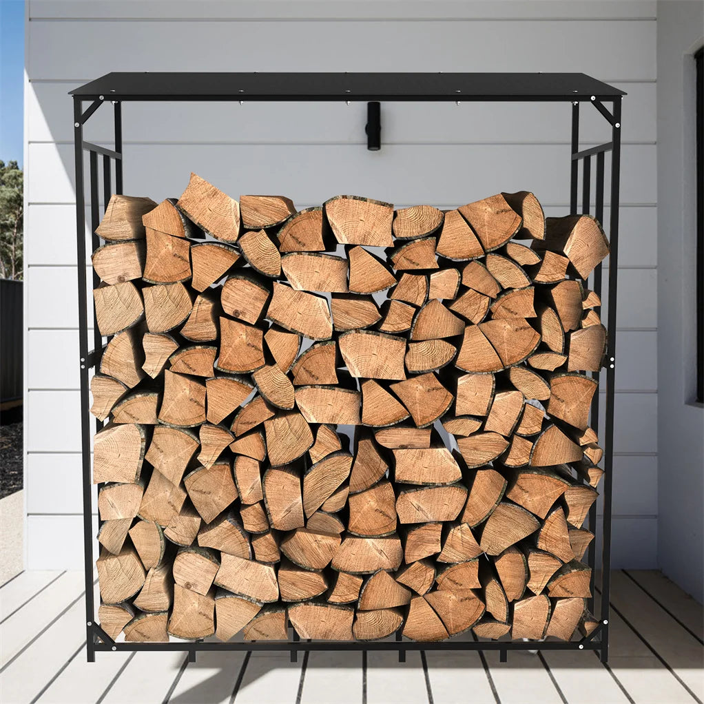 Outdoor Metal Firewood Rack and Log Storage Shed with Waterproof Roof