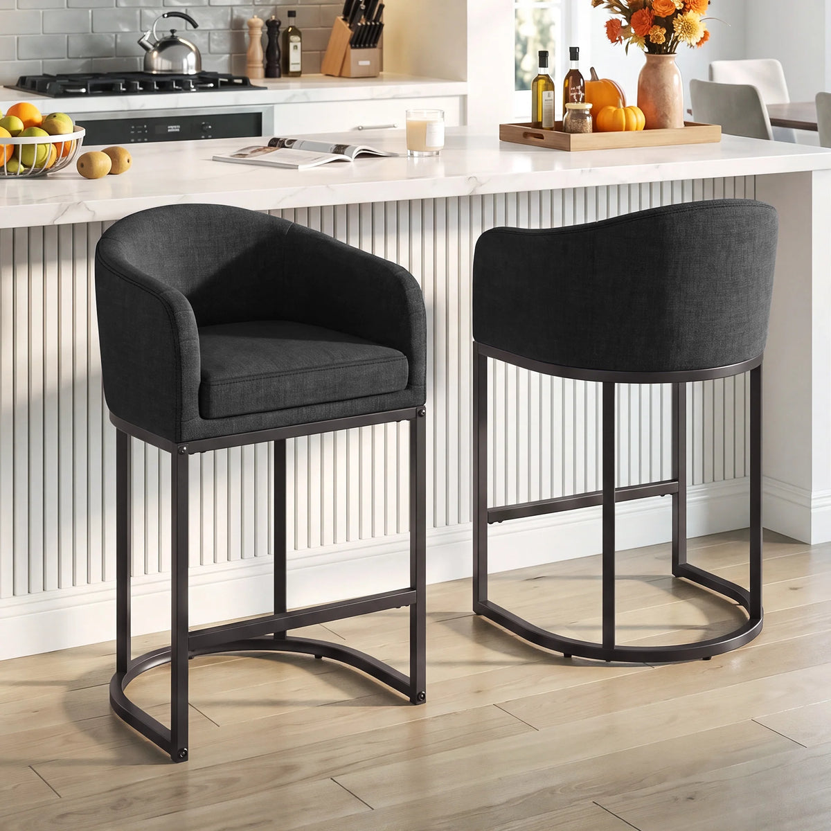 Modern Upholstered Counter Bar Stools With Curved Backrest And Armrests