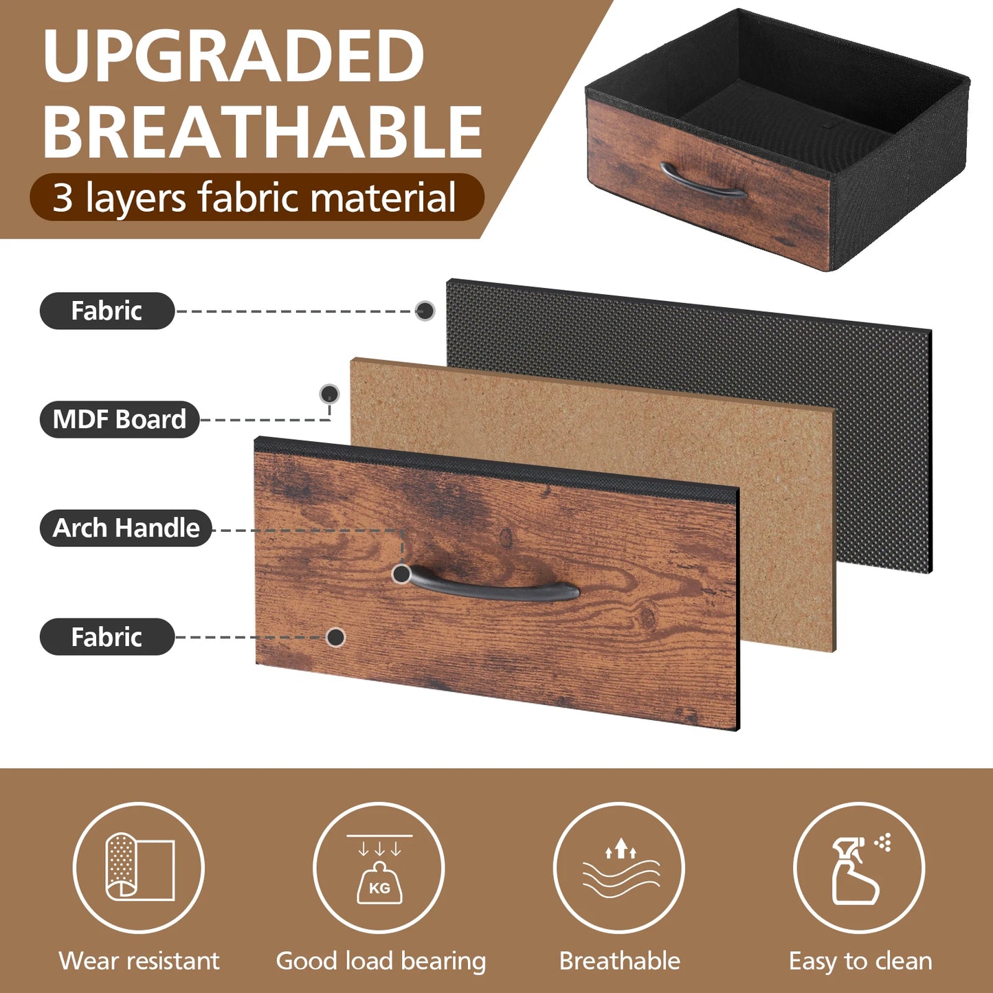 MCQ 3 Fabric Drawers Cabinet With LED Charging Station Nightstand