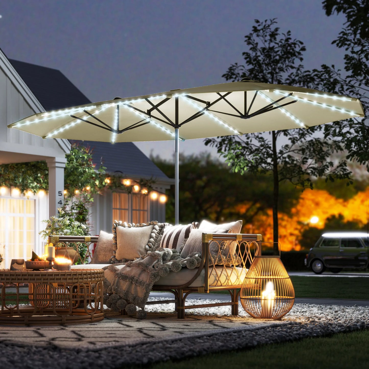 Patio Umbrella With Built-In Solar Lights UPF50+ For Outdoor Use