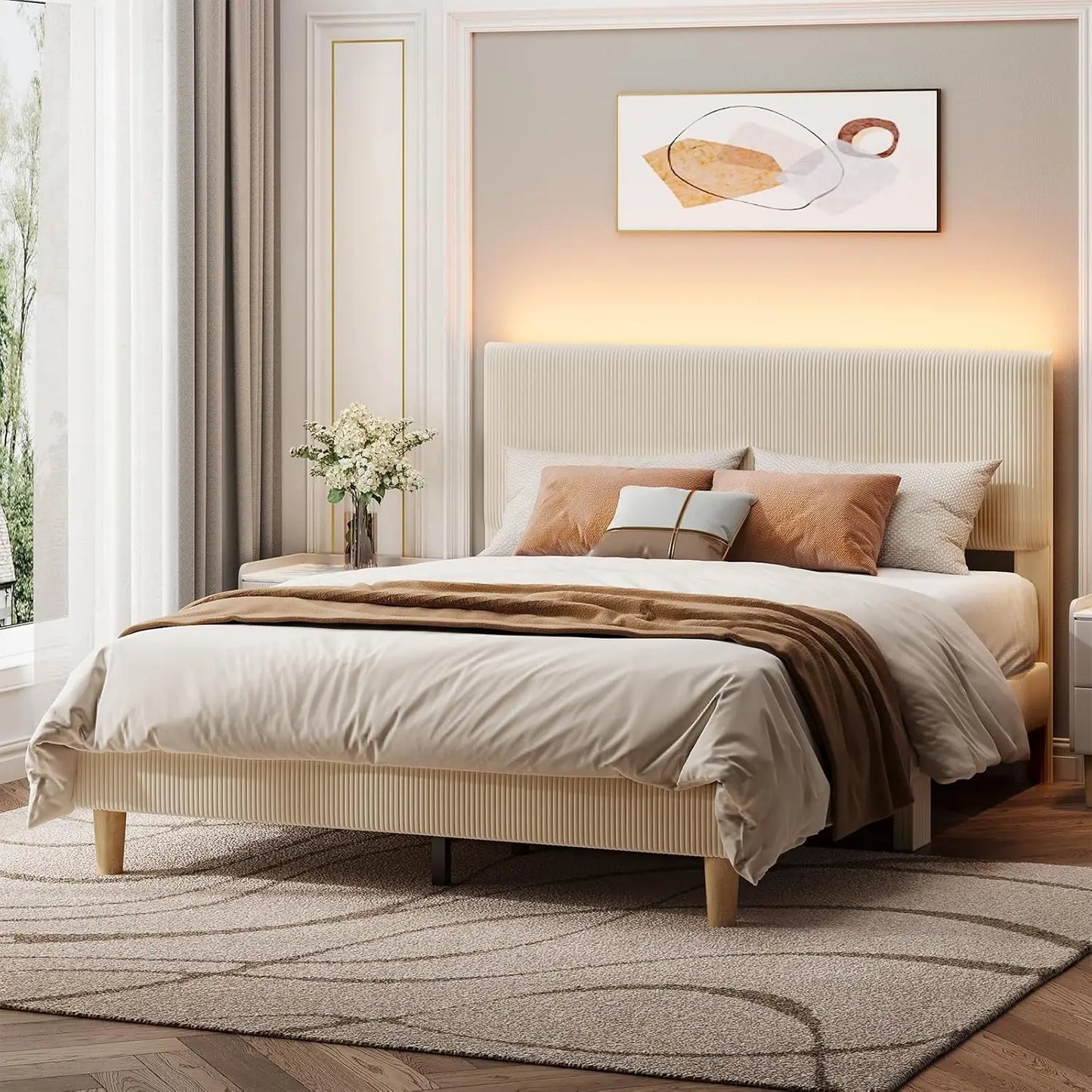 Bed Frame With Headboard And LED Lighting Wooden Slats Support