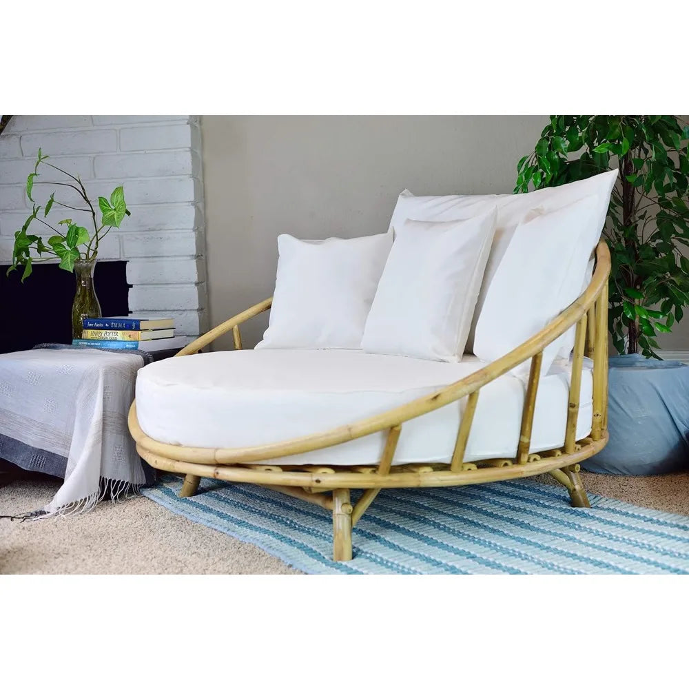 Rattan Bamboo Round Daybed Outdoor Sofa Chair Cushions And Pillows