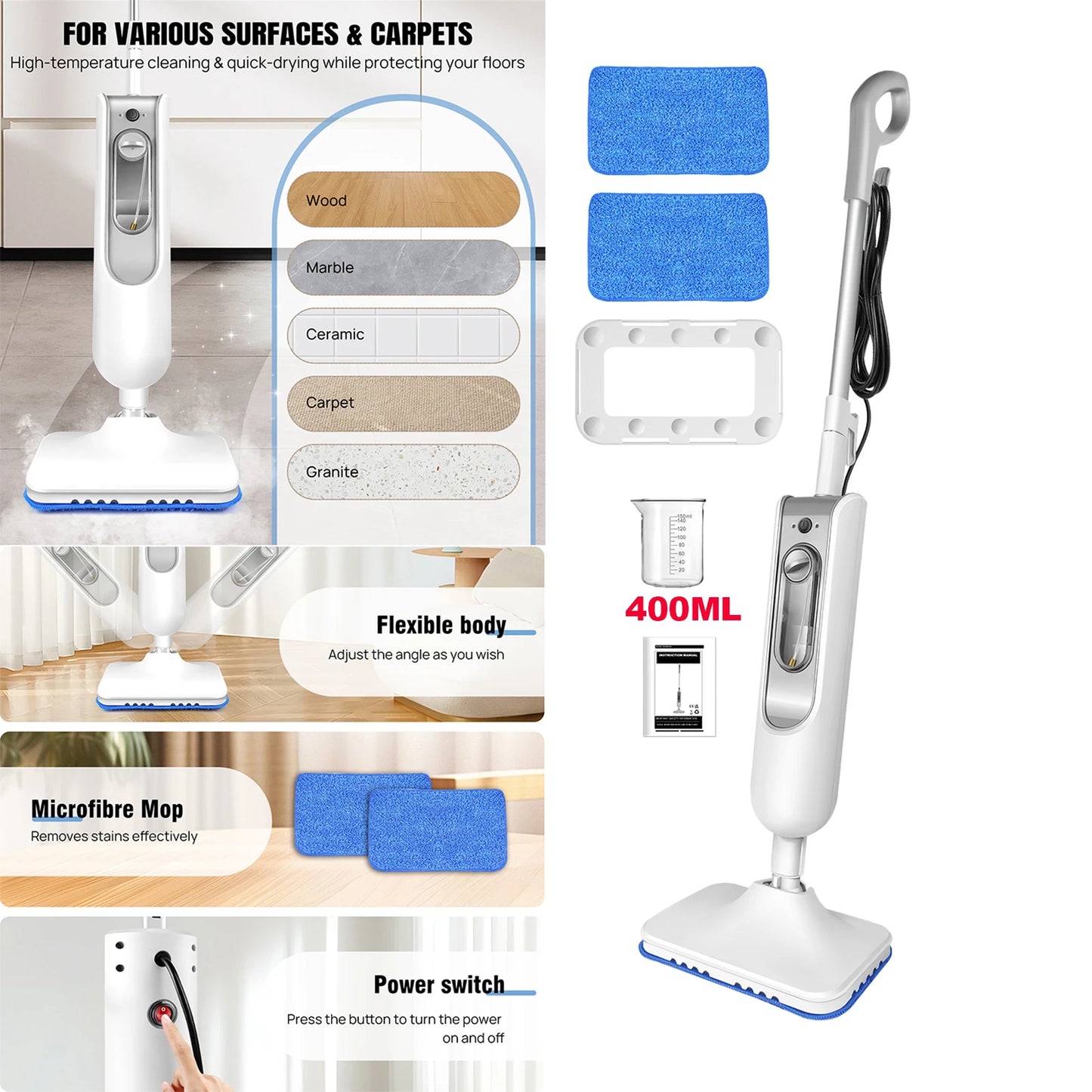 BRIEFNESS Steam Mop And Detachable Steam Cleaner Powerful Floor Steamer