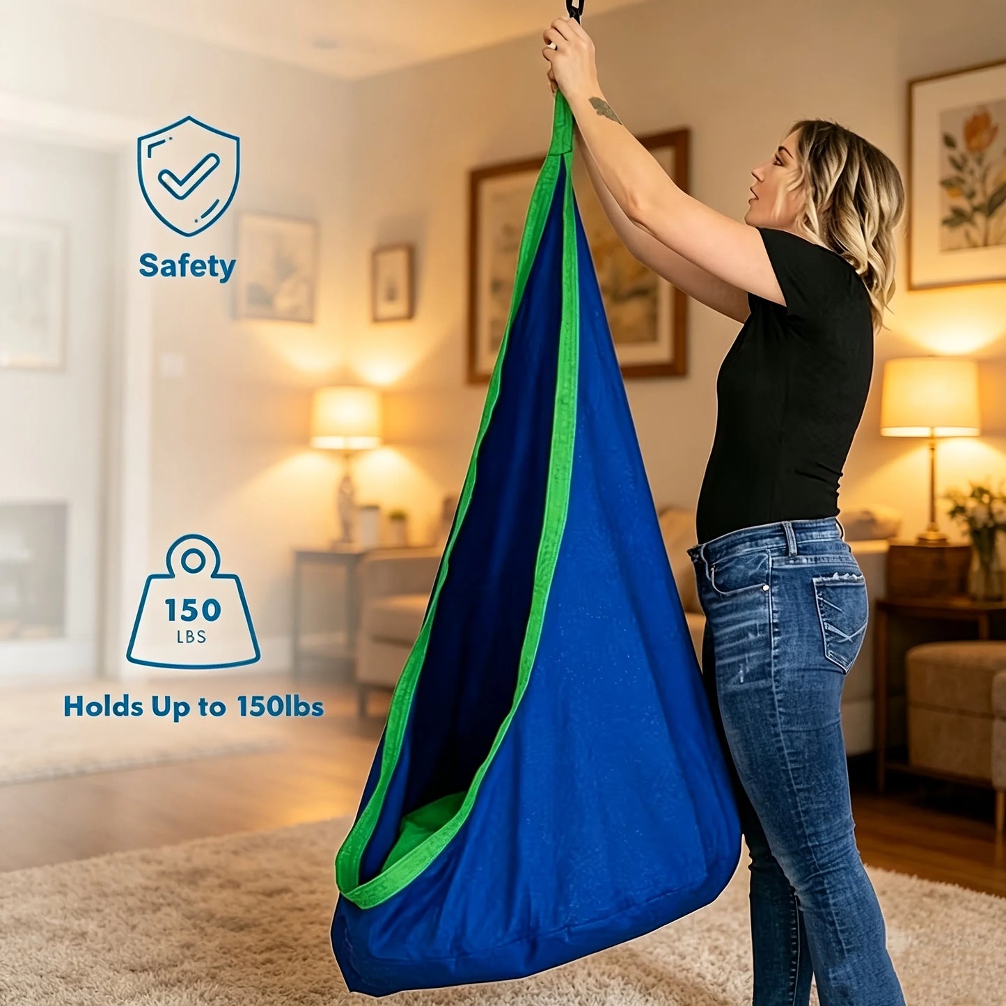 LIVINGANDHOME Indoor Outdoor Hanging Hammock Chair With Pillow And Straps
