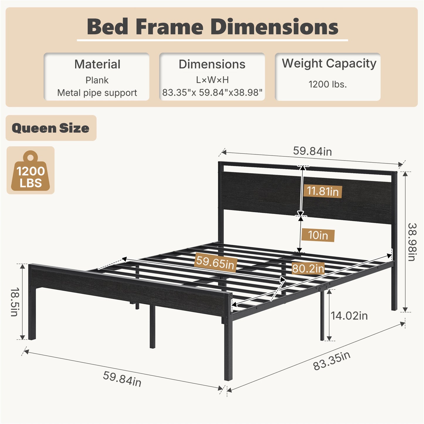 JHK Heavy Duty Metal Bed Frame With Wood Headboard