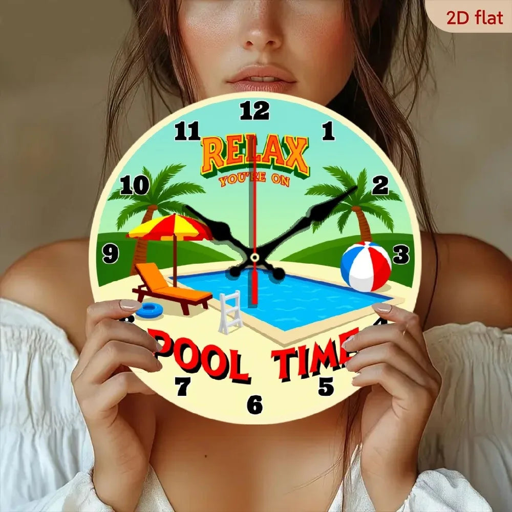 10 Inch Tropical Pool Time Wooden Wall Clock - Silent Non-Ticking Beach-Themed Pool Party Decor with Palm Trees, Lounge Chairs &
