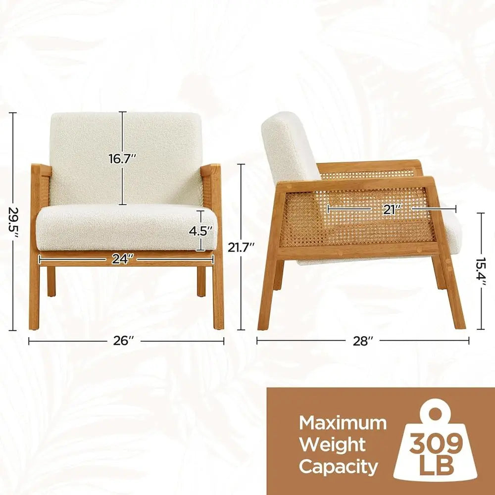 Rattan Accent Chairs Set of 2 Boho Boucle Fabric Armchairs