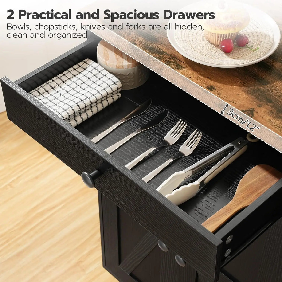 Rolling Kitchen Island Cart With Power Outlet And Storage