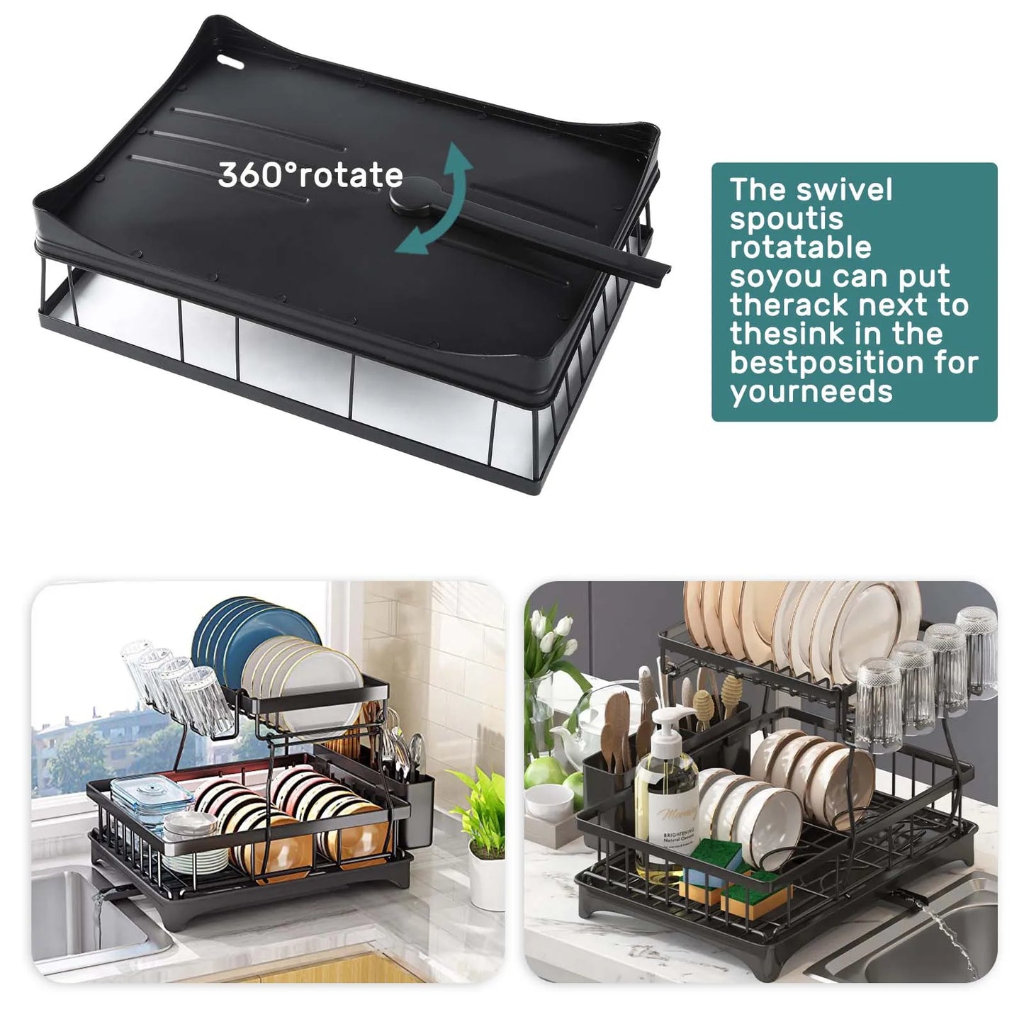 Two Tier Metal Dish Drying Rack Removable For Kitchen Countertop Large Capacity