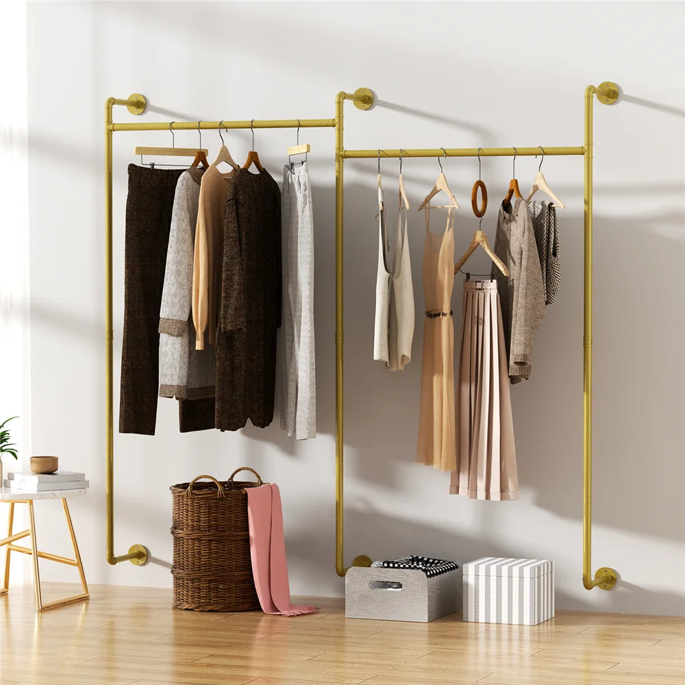 Industrial Pipe Wall Mounted Clothing Rack With Hanging Rods