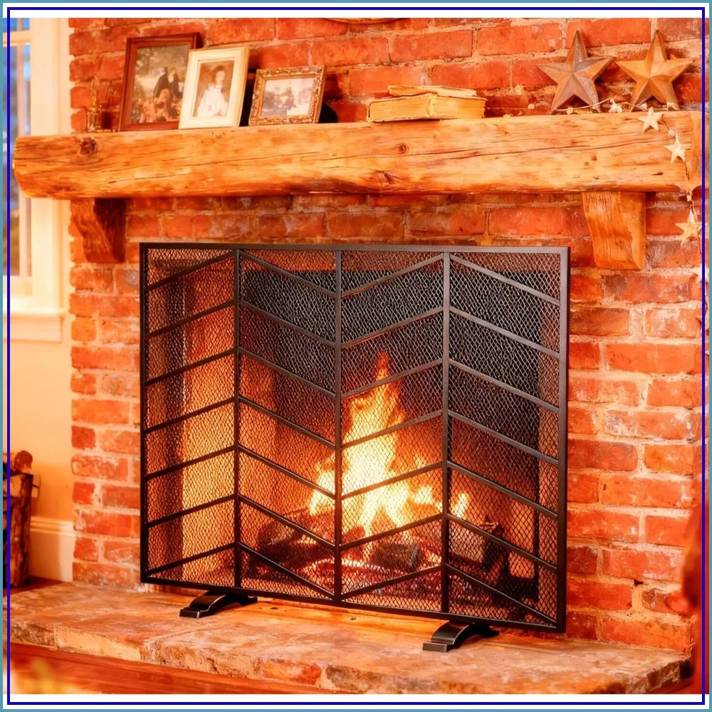 Handcrafted Wrought Iron Chevron Mesh Single Panel Fireplace Screen