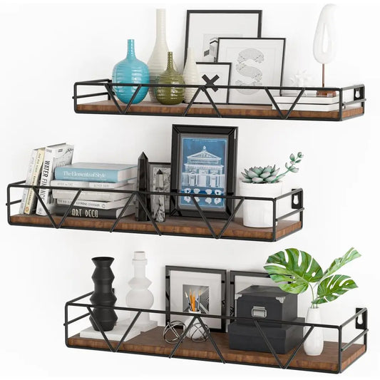Floating Wood Shelves Set Of 3 Wall Mounted Living Room