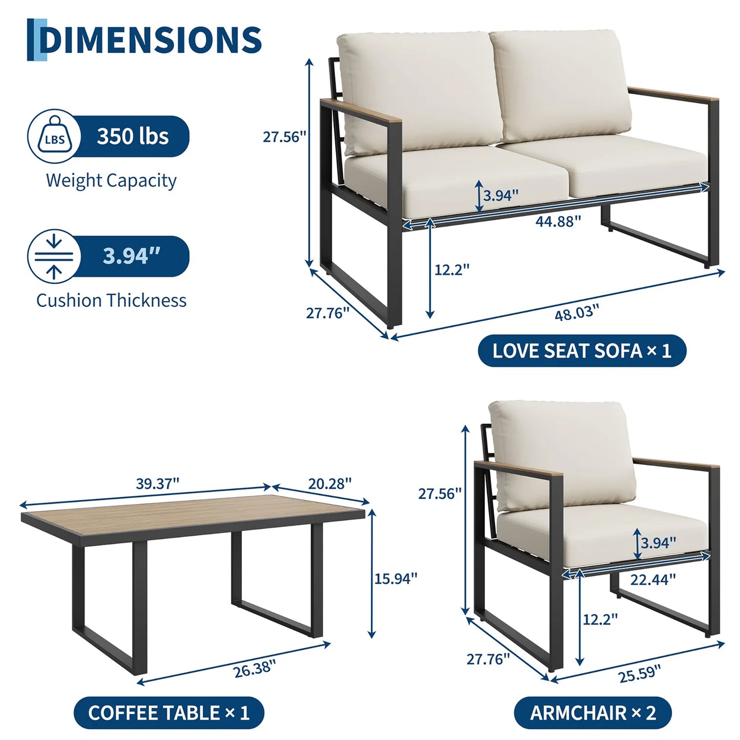 HobbyLane Modern 4 Piece Patio Set With Coffee Table Cushions