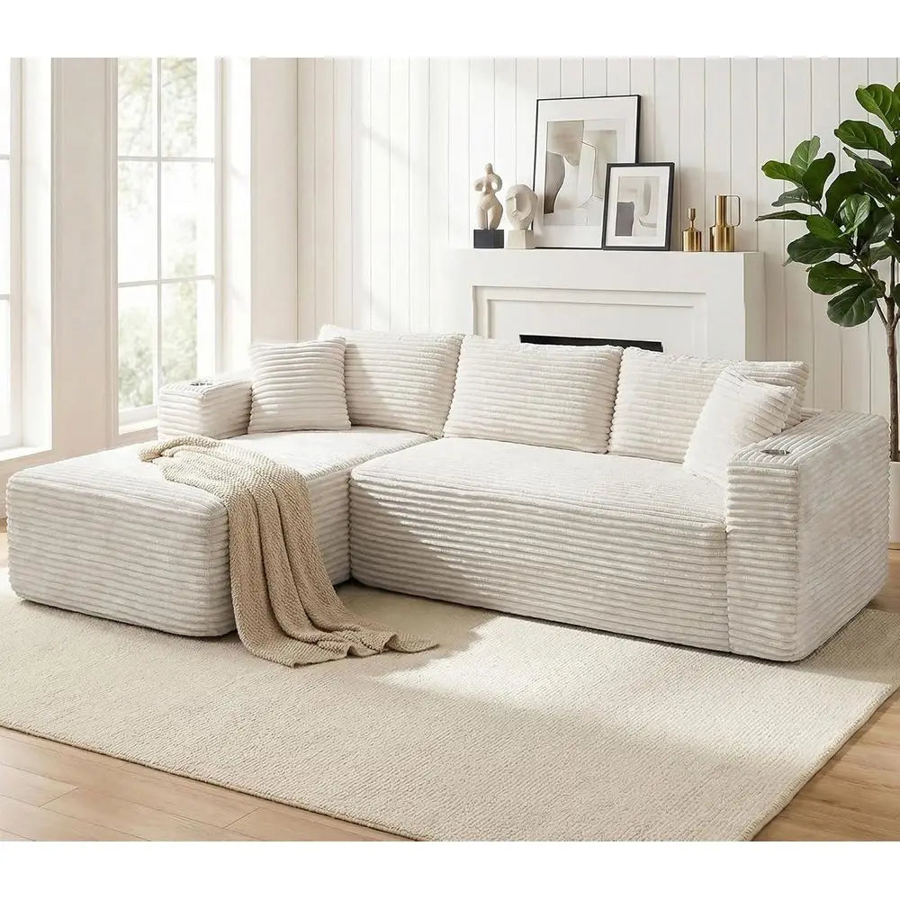 L Shaped Chaise Couch With Cup Holders Plush Corduroy Memory Foam