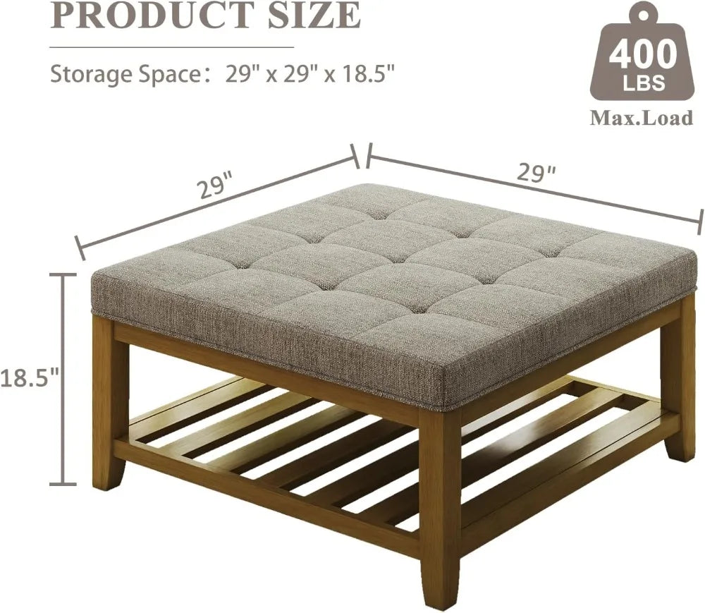 Square Ottoman Coffee Table With Wood Shelf Storage Tufted