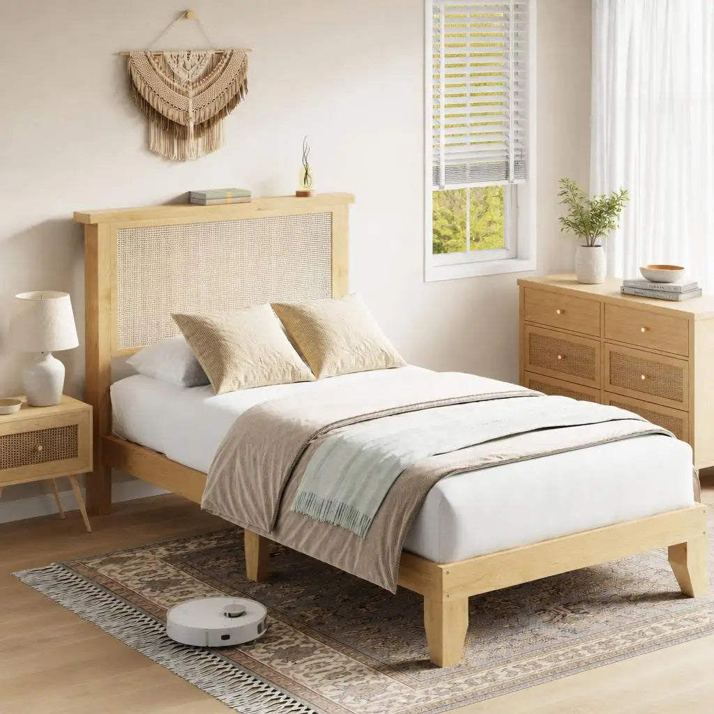 Modern Wood Platform Bed Frame With Rattan Headboard and Silent Slats