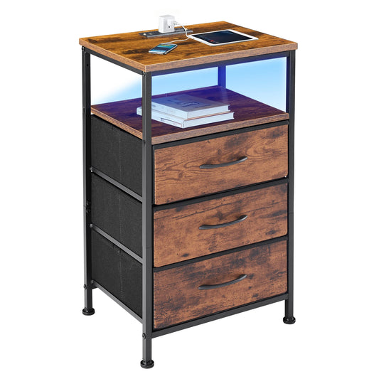 MCQ 3 Fabric Drawers Cabinet With LED Charging Station Nightstand