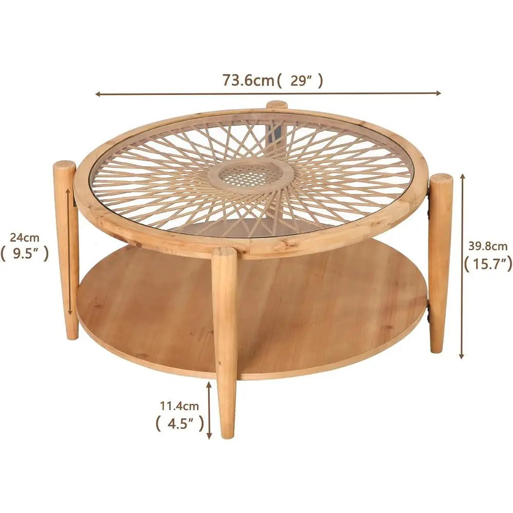 Two Tier Round Rattan Coffee Table With Tempered Glass Top