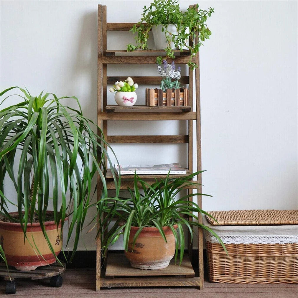 Folding Four Tier Ladder Shelf Wooden Display Rack For Home
