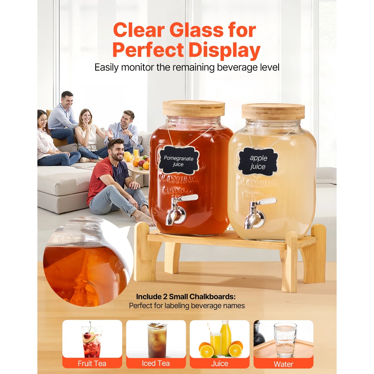 SucceBuy Glass Beverage Dispenser With Wood Stand Dual Cylinder