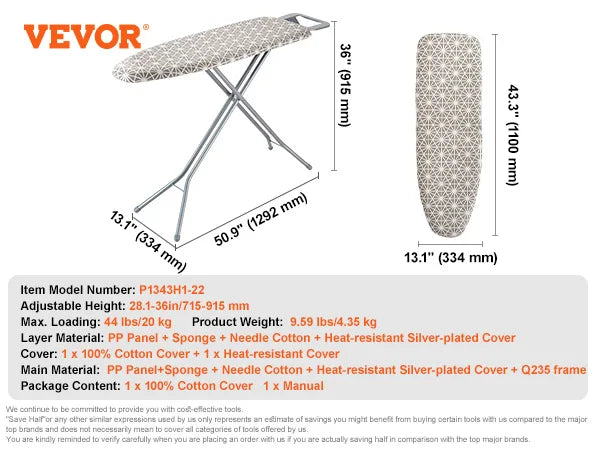 Full Size Ironing Board Height Adjustable Foldable Legs Removable Cover