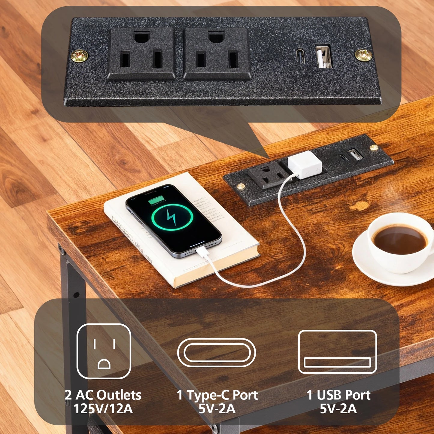 MCQ Nightstand With Fabric Drawers LED Light Strip Charging Station